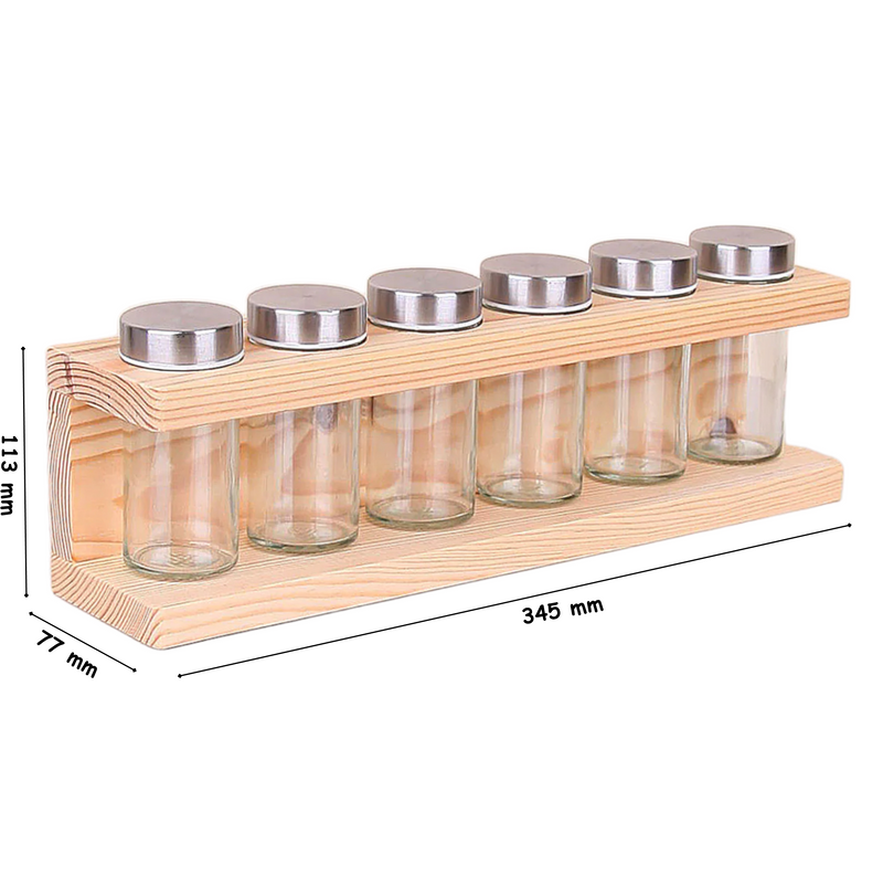Glass Spice Jar with Wooden Bamboo Holder. Chrome Lid Spice Jars. (6 pcs)