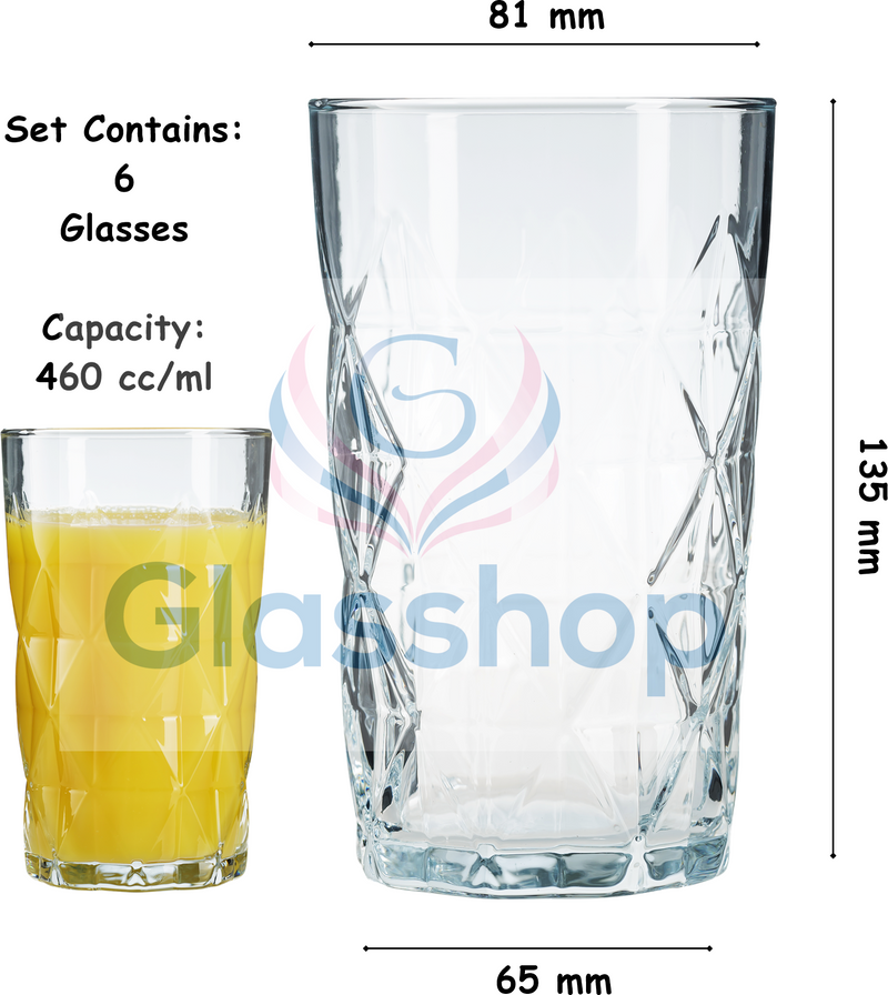 Highball Tumbler Drinking Glasses. Retro Style Drinking Glass.(Set of 6) 460 ml.