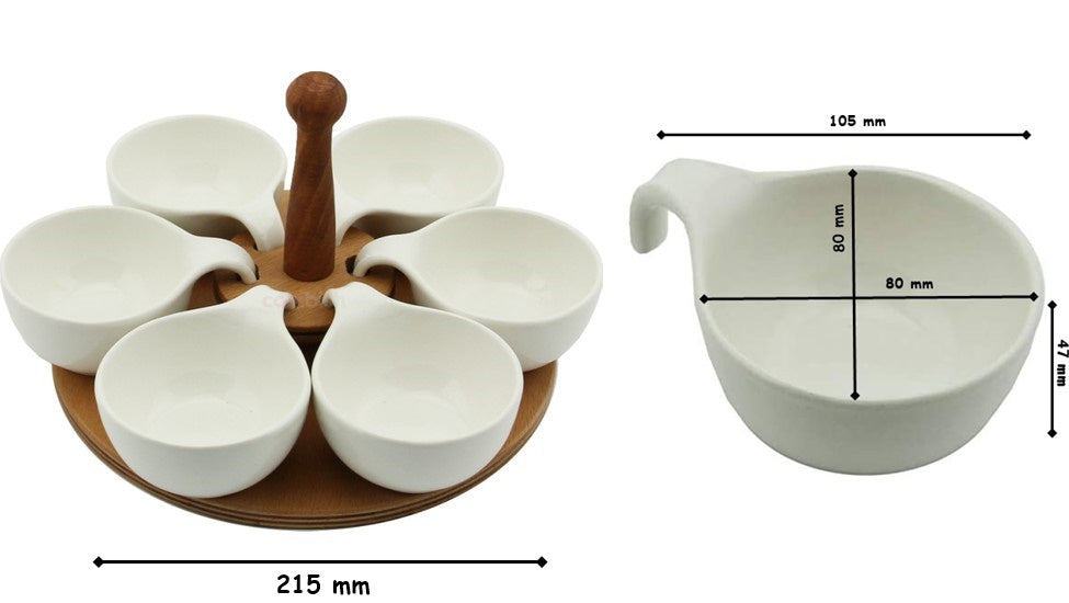 Ceramic Snack Dip Serving Bowl Set. Wooden Base Appetizers Dishes. (6 pcs)