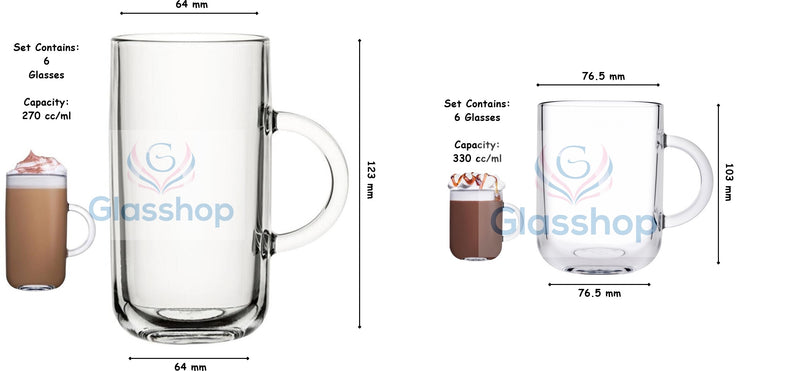 Glass Coffee Mugs Set. Tea Coffee Cups with Handle. (Pack of 12) (270 & 330ml)