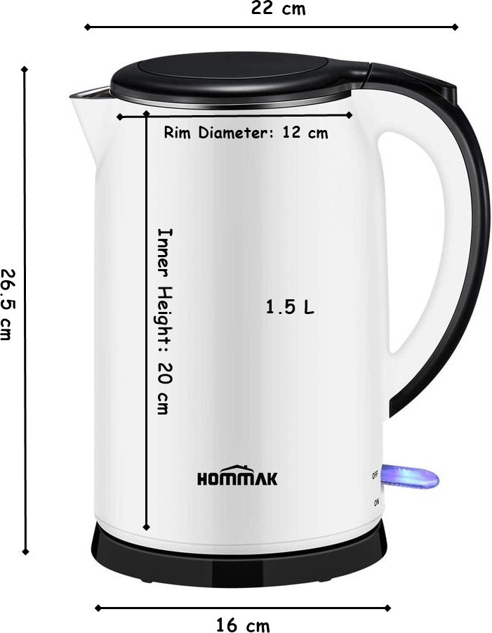 White Electric Kettle. Cordless Double Wall Stainless Steel Kettle. (1.5L) (2000W)