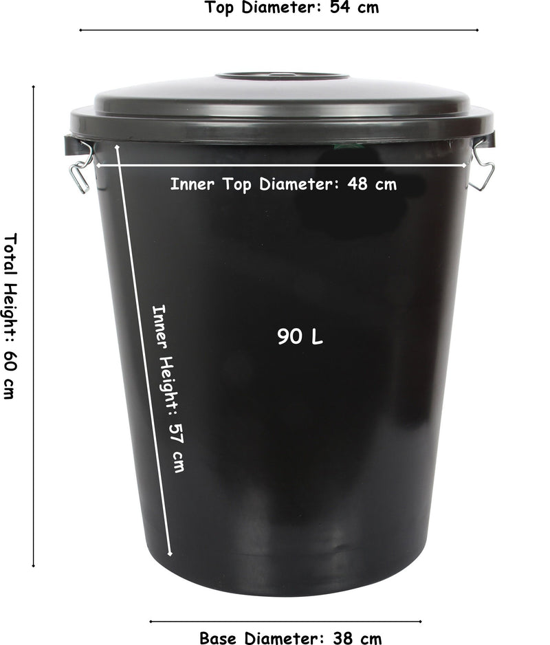 2x 90L Heavy Duty Garden Rubbish Refuse Bin. Metal Handles with Clip Lid. (Black)