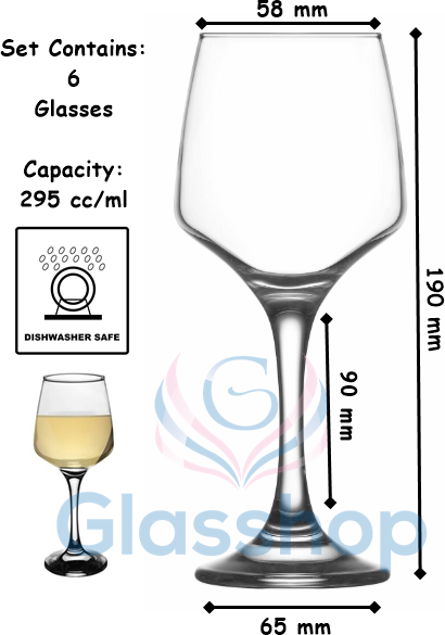 White Wine Glasses. Contemporary Drinking Glass Set. (Pack of 6) (295 cc/ml)