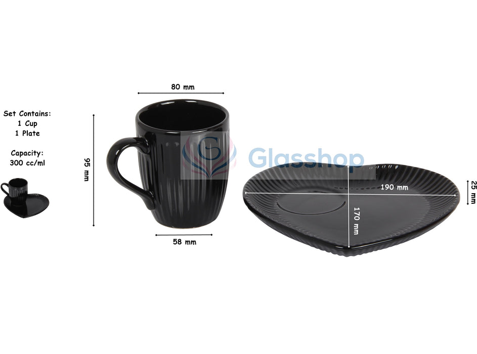 Coffee Cup & Snack Plate Set. Lined Cups. Heart Shaped Plate. Stoneware. (Black)