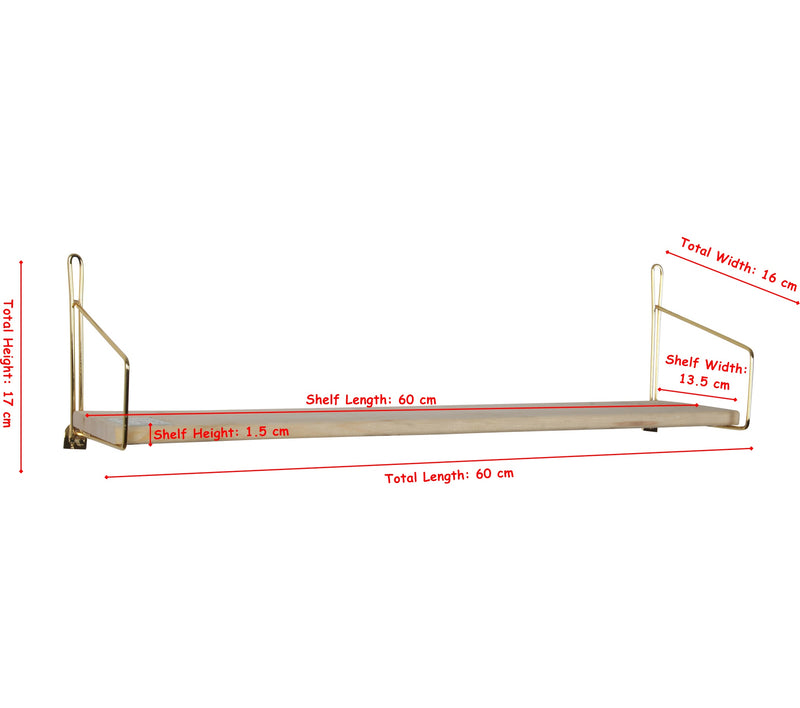 Modern Mounted Wall Shelf. Floating Shelf. (Single) (60 cm) (Gold Metal & Solid Wood).