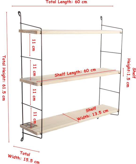3 Tier Mounted Wall Floating Shelves.Decorative Shelf.(Black Metal & Solid Wood)