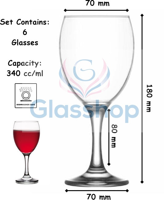Classic Wine Glasses Set. Clear Wine Goblet. Stemmed Red Wine Glasses. (Pack of 6) (340 cc)