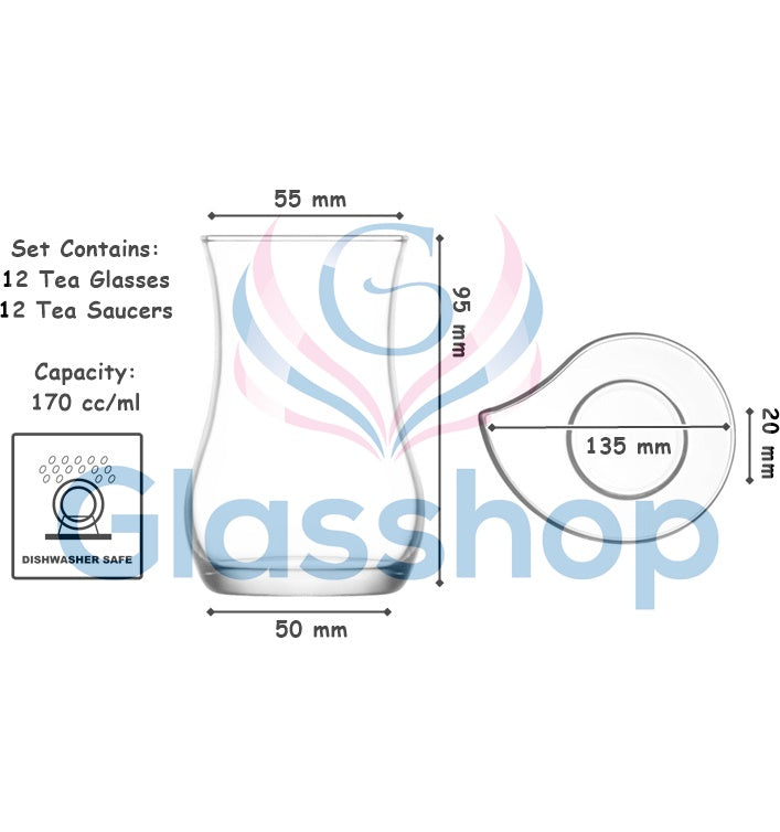 24 pcs Turkish Tea Glasses Set. Arabic Tea House. (12 Glasses & 12 Saucers)