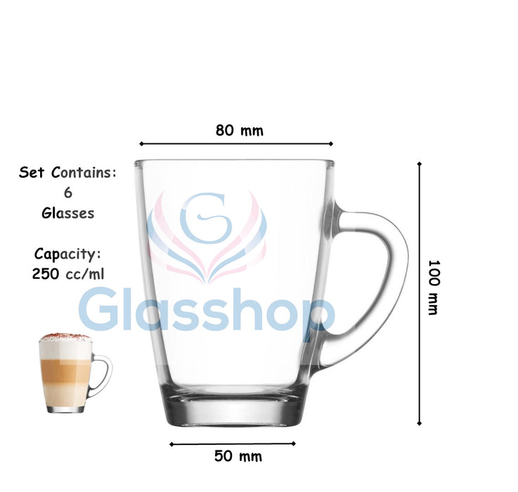 Glass Mugs with Handle. Tea Coffee Cappuccino Mug Glasses. (Pack of 6) (250 ml)
