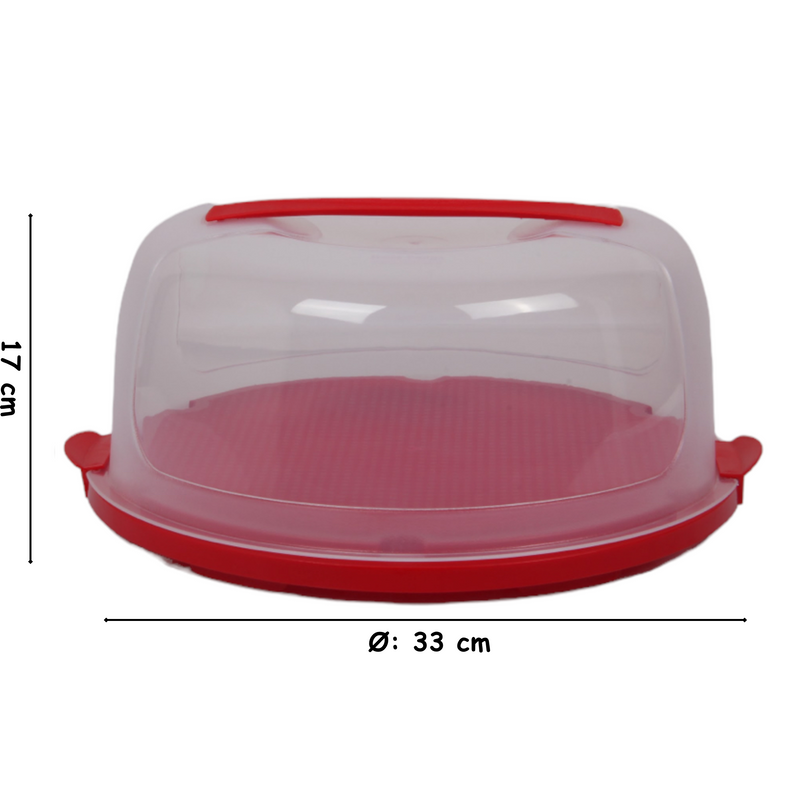Round Cake Carrier. Plastic Clear Cake Storage Box. (Red)