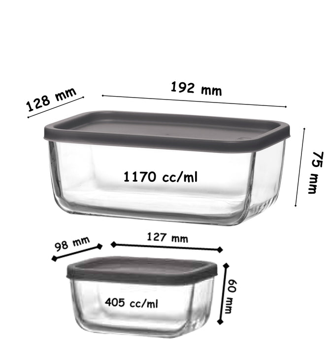 Glass Food Containers Set. 2 Sizes. (Set of 3) (1x 1170ml & 2x 405ml)