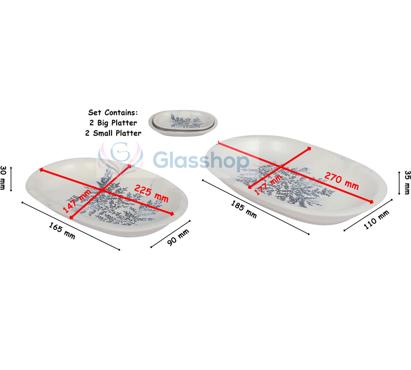 2 Different Sizes Stoneware Serving Platter. Salad Appetizer Dishes. Decorative Blue Flower Pattern. (Set of 4)