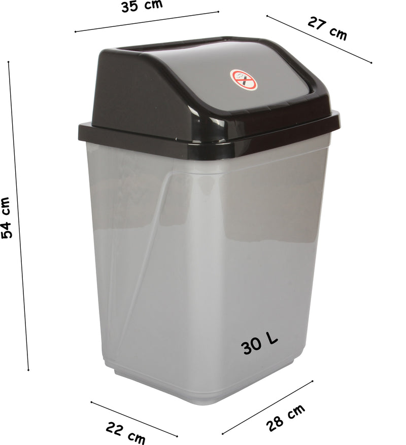 Swing Bin Lidded Dustbin. Plastic Rubbish Waste Bin. (30 Litre) (Silver)