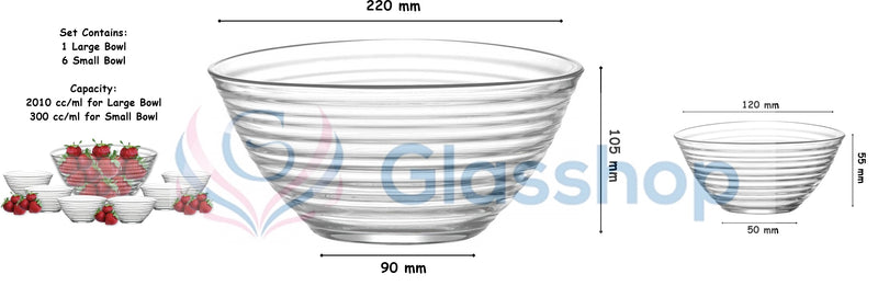 Glass Salad Serving Bowl Set. 1 Large & 6 Small Bowls. Dessert Snack Bowl.