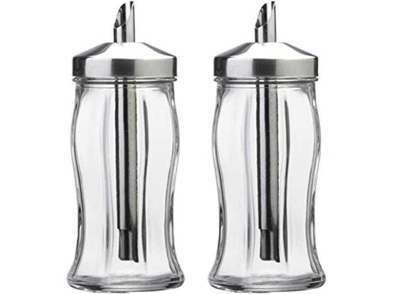 2x Glass Sugar Shaker. Sugar Dispenser Pourer. Sugar Jar. Stainless Steel Top.