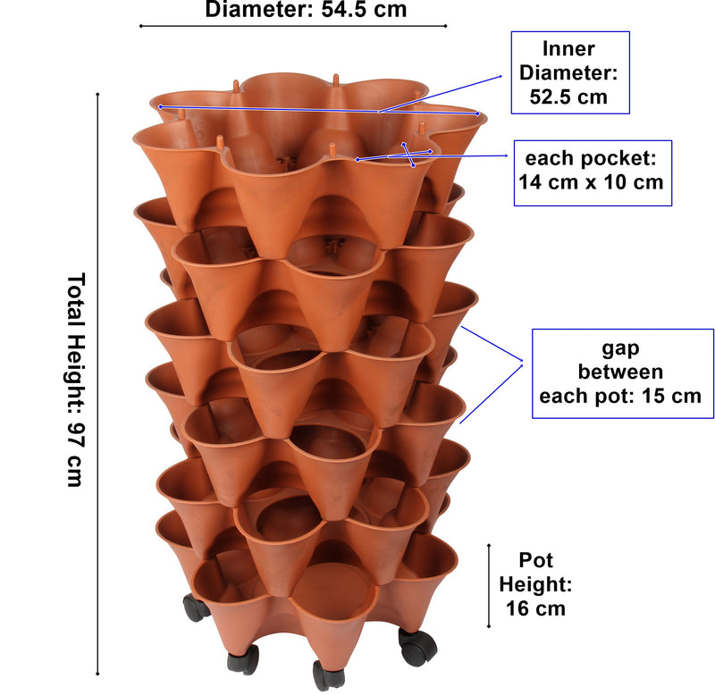 Stacking Garden Flower Tower Pot. Strawberry Planter Pot with Wheels. (6x7 Pocket) (42 Plants).