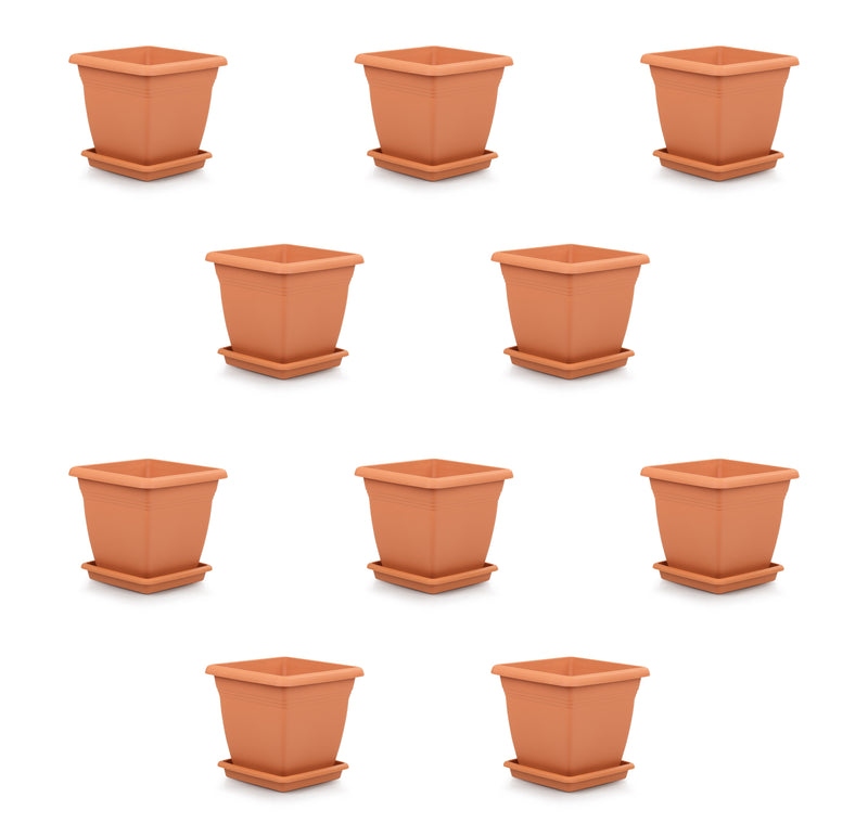 Plastic Square Flower Plant Pot & Saucer. Grooved Base In and Outdoor. (6 Sizes)
