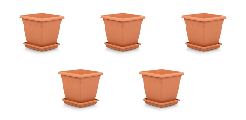 Plastic Square Flower Plant Pot & Saucer. Grooved Base In and Outdoor. (6 Sizes)