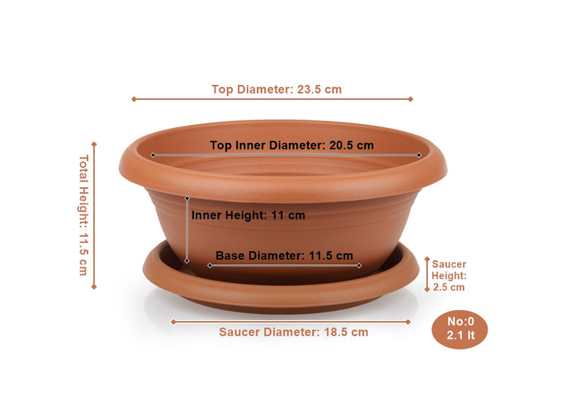 Decorative Flower Plant Pot and Saucer. Round Flat Pot Planter. (6 Sizes).