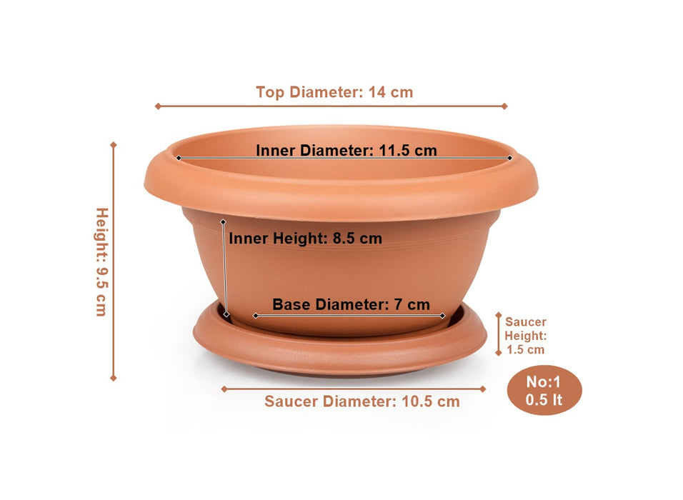 Extra Small Flower Flat Pot and Saucer. Round Flat Pot Planter. (0.5L)