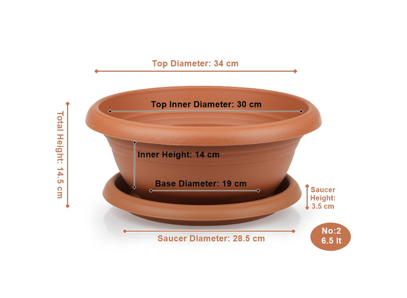 Wide Shallow Flower Pots with Saucer. Plastic Succulent Planter. (Diameter 34 cm)