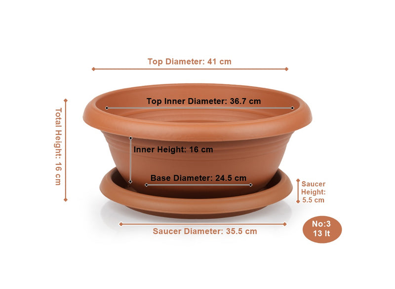 Decorative Flower Plant Pot and Saucer. Round Flat Pot Planter. (6 Sizes).