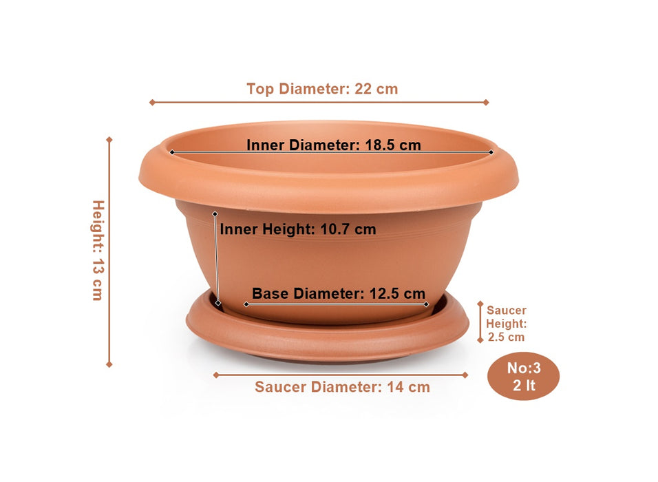 Small Flower Flat Pot and Saucer. Round Flat Pot Planter. (2 L)