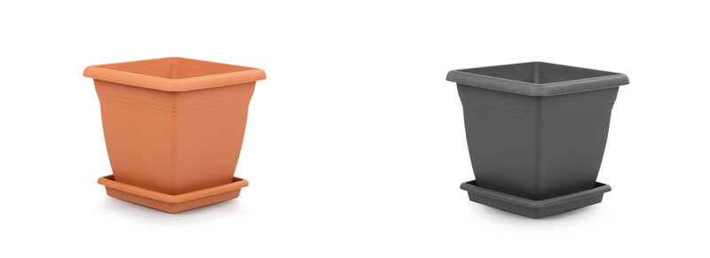 Plastic Square Flower Plant Pot & Saucer. Grooved Base In and Outdoor. (6 Sizes)