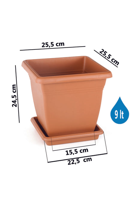 Plastic Square Flower Plant Pot & Saucer. Grooved Base In and Outdoor. (6 Sizes)