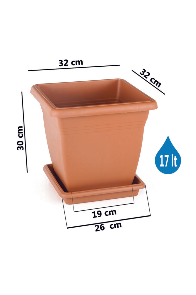 Plastic Square Flower Plant Pot & Saucer. Grooved Base In and Outdoor. (6 Sizes)