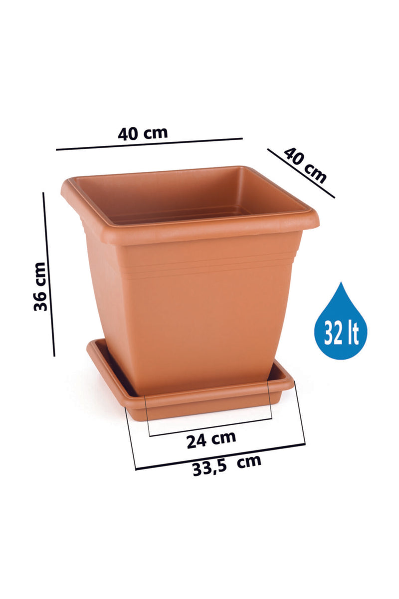 Plastic Square Flower Plant Pot & Saucer. Grooved Base In and Outdoor. (6 Sizes)