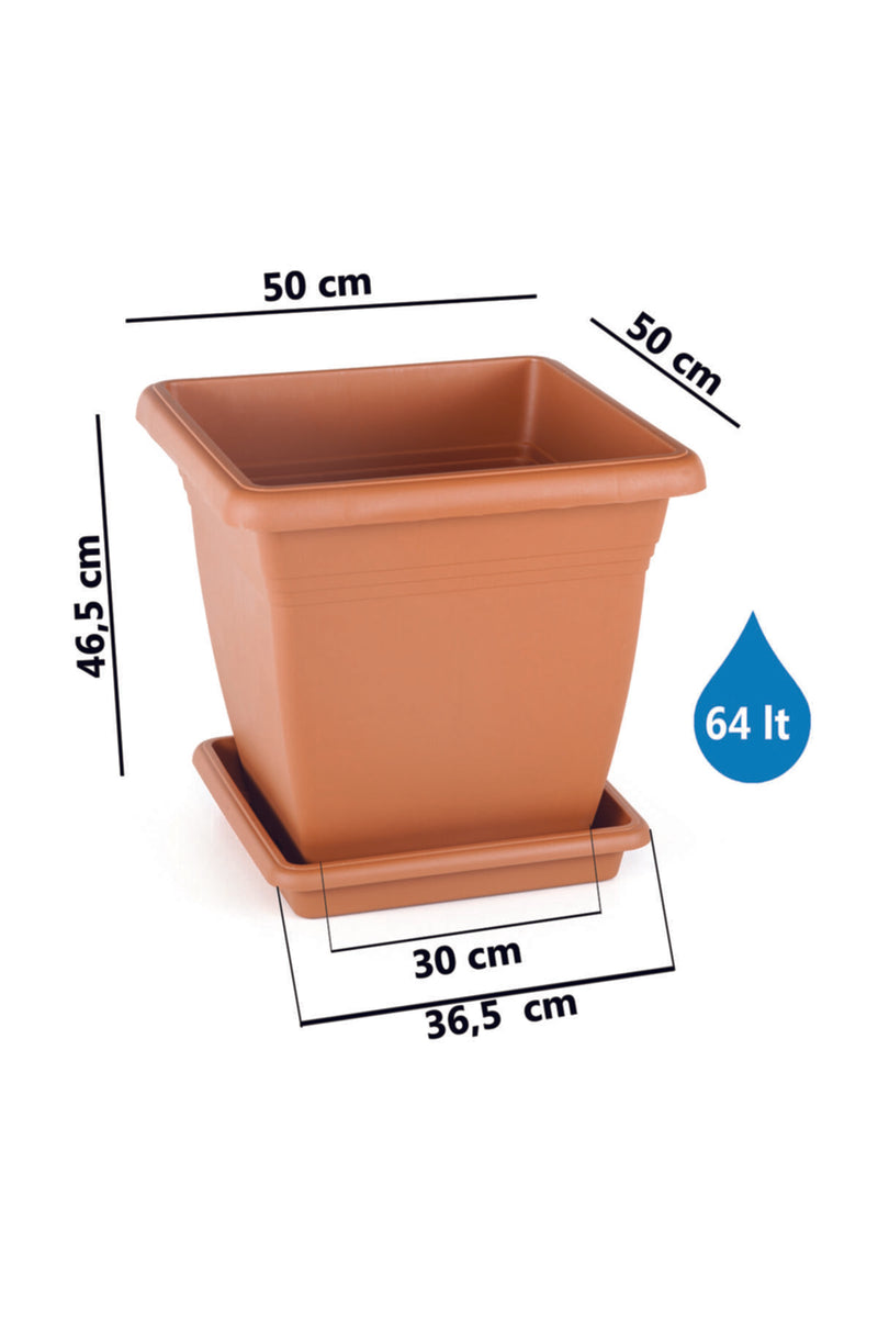 Plastic Square Flower Plant Pot & Saucer. Grooved Base In and Outdoor. (6 Sizes)