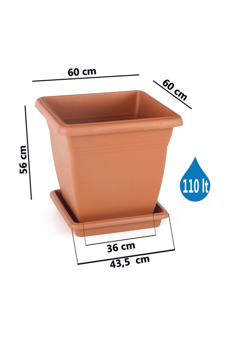Plastic Square Flower Plant Pot & Saucer. Grooved Base In and Outdoor. (6 Sizes)