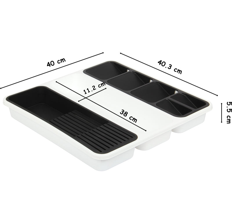 Large Cutlery Tray. 6 Compartments Kitchen Drawer Organiser. (Black & White)