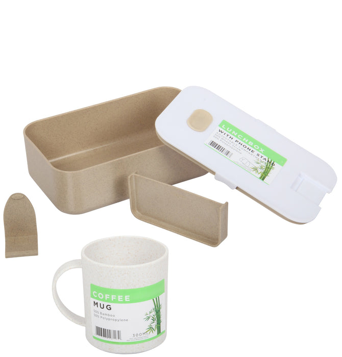 Lunch Box Set. Bamboo Reusable Lunch Box with Mug. (White)